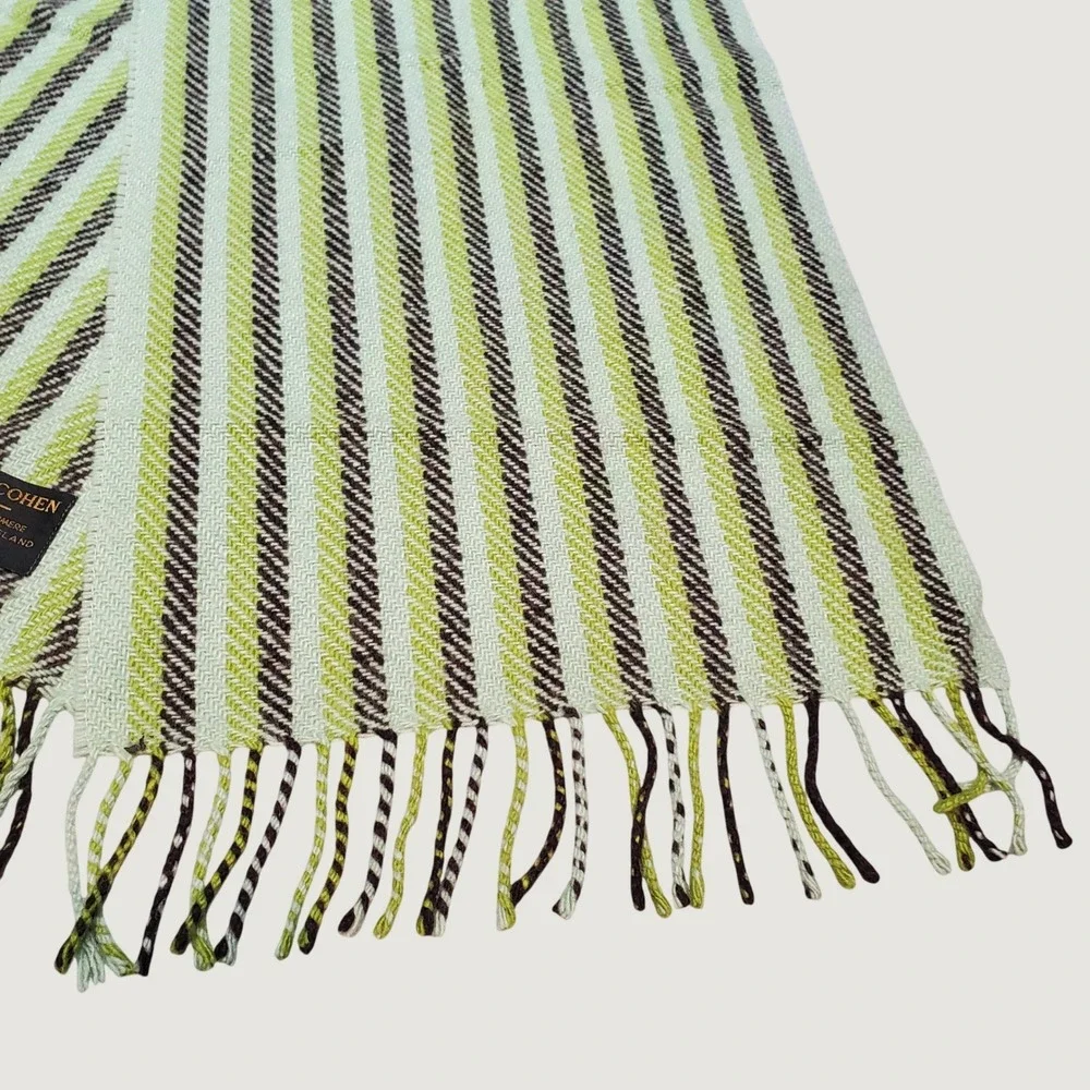 MEG COHEN 100% Cashmere Scarf Made In England Striped Fringe Luxury Green Mint